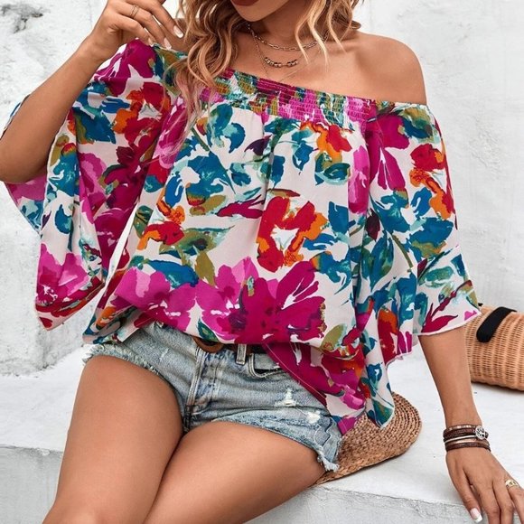 Boho Floral Print Off Shoulder Blouse - Picture 5 of 5